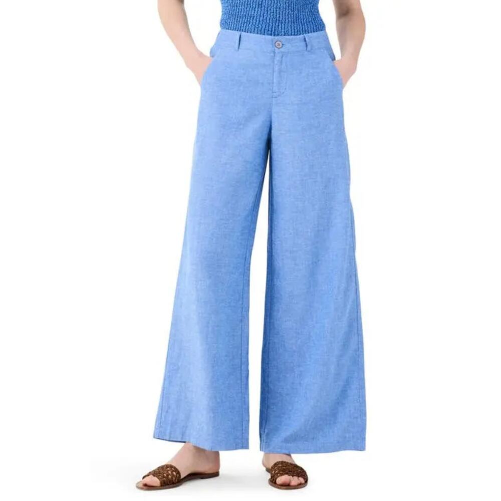 NIC + ZOE Linen Chambray Pants Blue Wide Leg Casual Size 8